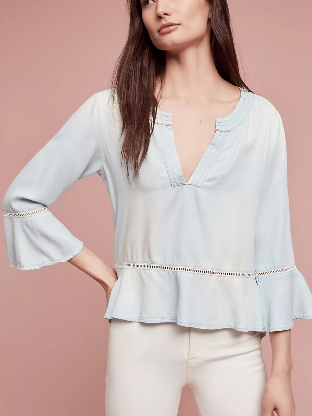 Anthropologie| Cloth & Stone Washed Aria Henley Light Blue V-Neck Blouse Sz XS
